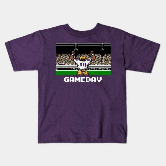 Purple and Gold Football Gameday Retro 8 Bit Linebacker Kids T-Shirt by SLAG_Creative